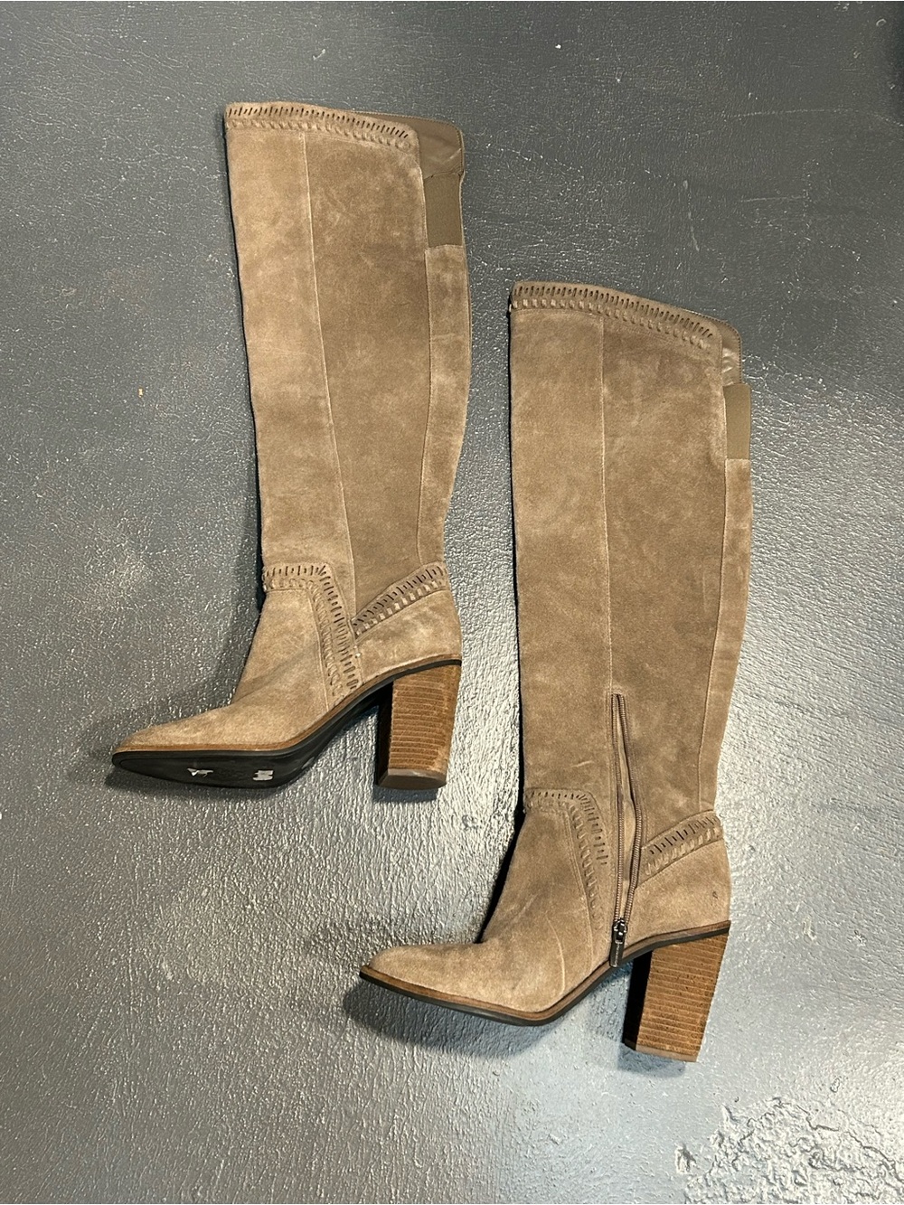 Vince Camuto Taupe Suede Knee-High Block Heel Boots